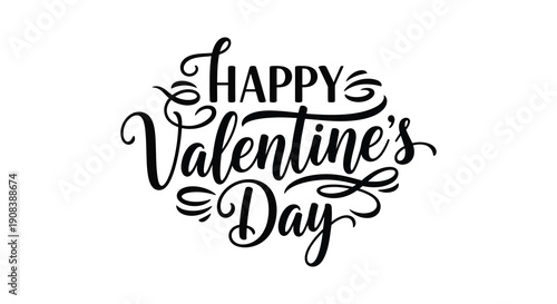 A decorative hand lettered illustration displays the phrase happy valentine s day in elegant flowing black script high quality professional