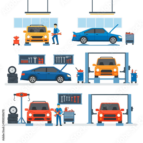 Car Repair Service: Mechanics Working on Vehicles in Garage Workshop
