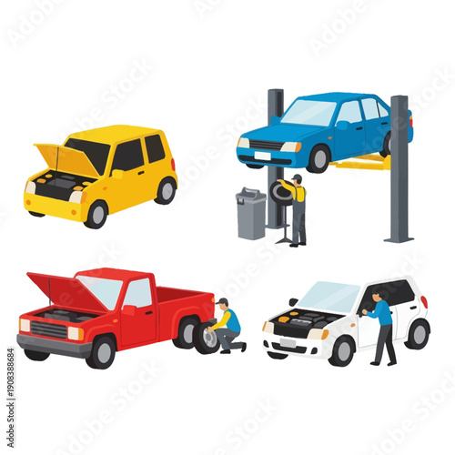 Car Repair Service: Mechanics Fixing Vehicles on Lifts and Ground