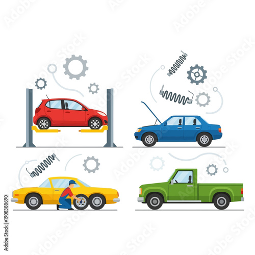 Car repair service: mechanic fixing cars on lift, changing tires, and engine check