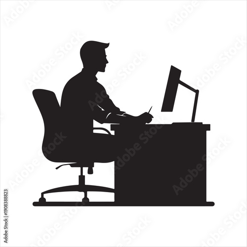 Office desk worker vector silhouette line art logo design concept illustration
