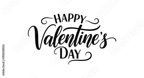 A beautifully hand lettered design displays happy valentine s day in elegant flowing black script against a white background