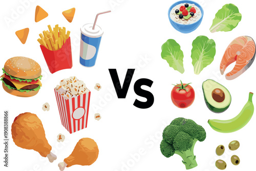 Healthy food versus junk food comparison illustration showing fast food and nutritious diet choices for balanced lifestyle concept