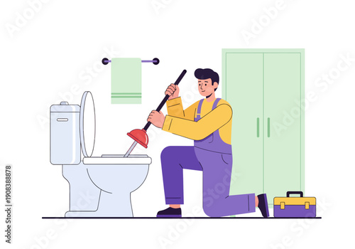 A male plumber fix the toilet, vector illustration design