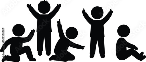 Children silhouette poses collection, kids sitting jumping pointing gestures set, black vector character icons, isolated background design illustration