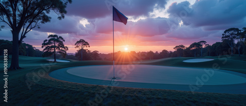 Serene golf course sunset, featuring flag gently waving breeze, surrounded by lush trees and rolling hills. vibrant colors of sky create tranquil