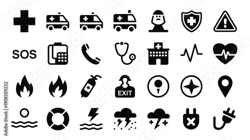 Emergency service icons set including ambulance hospital fire police and medical symbols for sos and emergency response