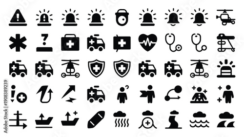 Medical emergency icons set including ambulances hospitals and healthcare symbols in black on white background