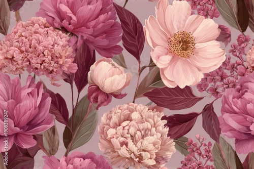 Elegant, chic, delicate seamless repeatable pattern featuring soft big and bold flowers and leaves, hues of pinks and blushes, dusty rose