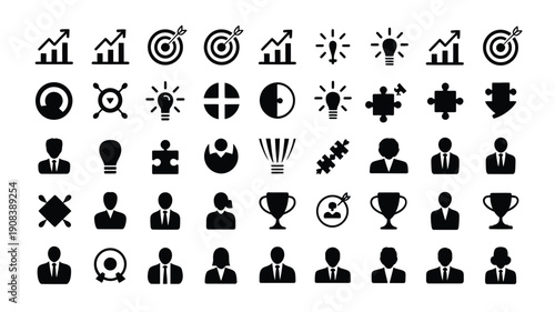 Business icons set including people targets light bulbs and awards on white background for marketing and finance concepts