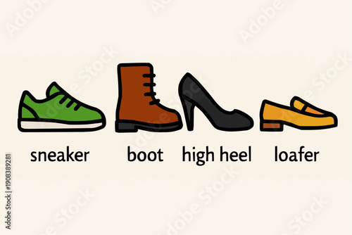 Assorted Footwear Collection: Sneaker, Boot, High Heel, Loafer Flat Design Vector Illustration