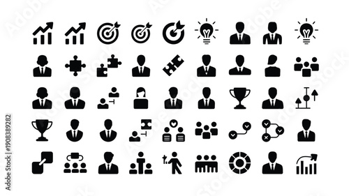 Business icons set for marketing productivity and teamwork on white background with black silhouettes