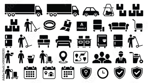 Moving and relocation services icons set with trucks furniture and logistics symbols for secure transportation and delivery