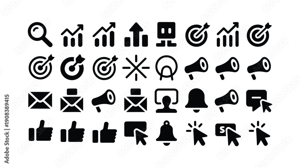 Fototapeta premium Collection of black business and communication icons on white background for marketing and social media