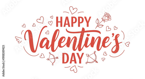 A vibrant and cheerful illustration spells out happy valentine s day surrounded by delicate red hearts and flourishes