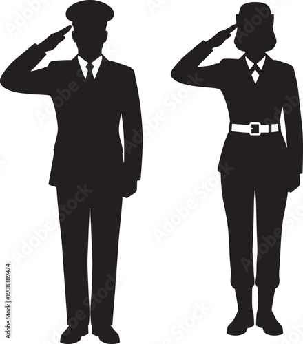 Military Salute Silhouette Illustration, Male And Female Soldiers Standing In Uniform Isolated Black Vector Design For Honor Service