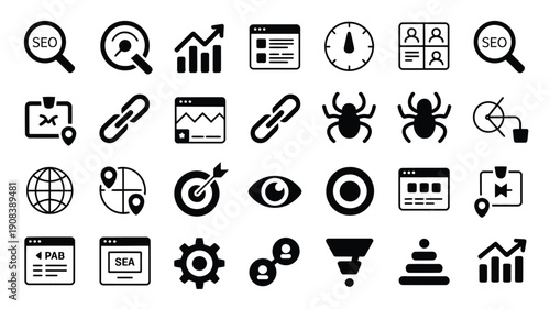 Collection of black seo and web design icons on white background for business and technology concepts