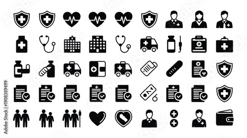 Medical icons set including healthcare symbols ambulance doctor and medicine related signs on white background