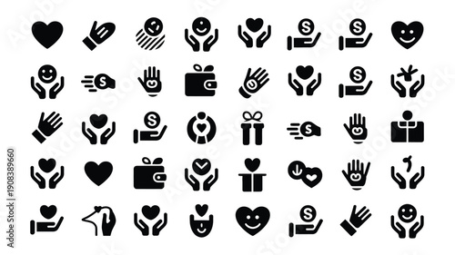 Collection of black icons depicting hands hearts gifts and money on white background symbolizing charity donation and kindness concepts