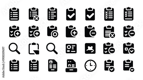 Black and white icons of office supplies and productivity tools on a plain background for business and organization concepts