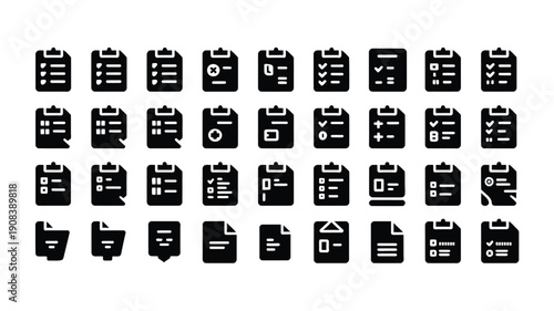 Collection of black and white clipboard icons with various document and checklist symbols on a plain white background for business and organization concepts