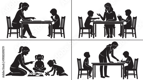 Mother Teaching Children At Home Silhouette Illustration, Family Education Parenting Learning Activity Black Isolated Vector Design
