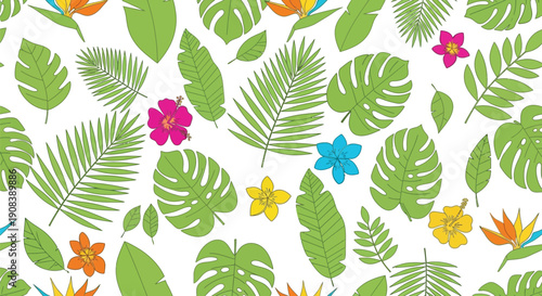 Seamless tropical pattern background composed of various green monstera and palm leaves interspersed with brightly colored exotic flowers.