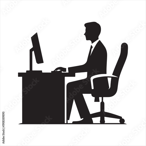 Office desk worker vector silhouette line art logo design concept illustration