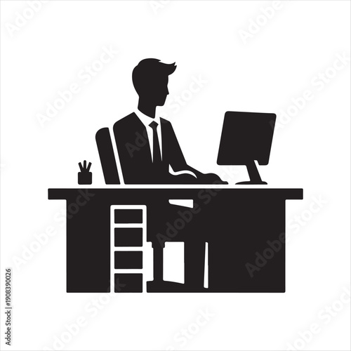 Office desk worker vector silhouette line art logo design concept illustration