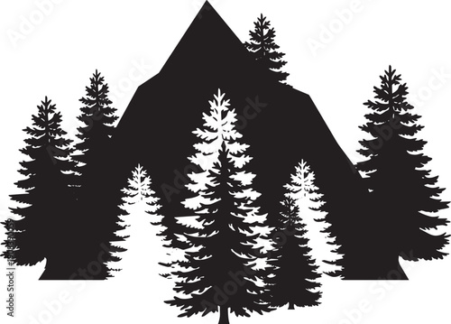 Mountain forest silhouette with pine trees, minimalist wilderness landscape, black white nature vector illustration design
