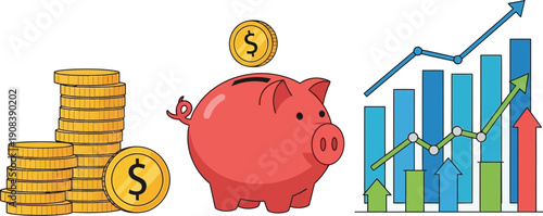 Piggy bank, stacks of coins, and an upward trending bar chart illustrate financial growth and saving concepts.