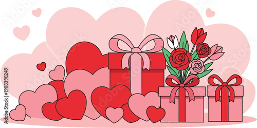 Multiple red and pink gift boxes wrapped with ribbons surround a bouquet of red roses against a background filled with large hearts.