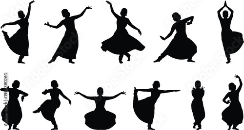Indian classical dance silhouette collection set, traditional female dancer poses, black vector illustration isolated background