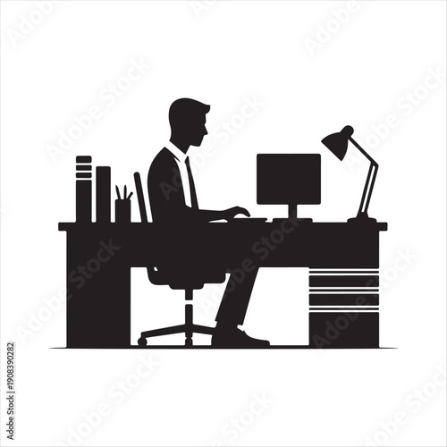 Office desk worker vector silhouette line art logo design concept illustration