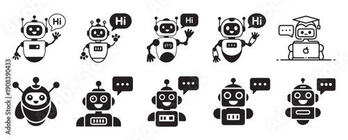 Full body small robot silhouette icons with conversation bubbles. vector illustration eps 10