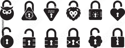 black padlock icons with different shapes and designs