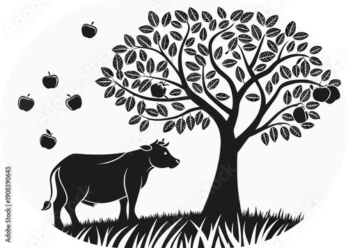 Cow beneath apple tree with falling apples and grass illustration cattle farm animal