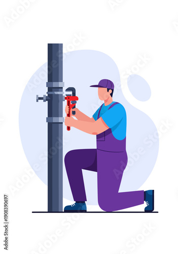 Vector illustration a male plumber is repairing a pipe