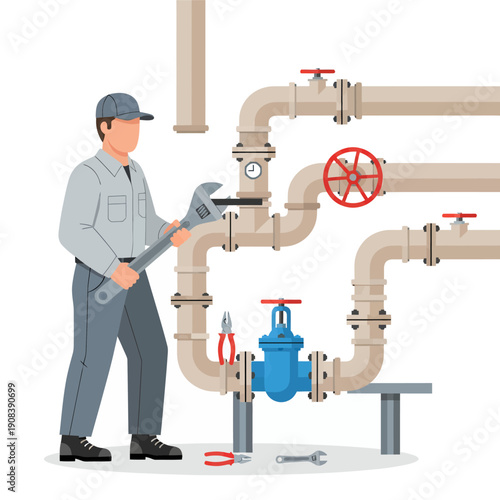Vector illustration design a male plumber is repairing a leaking pipe.