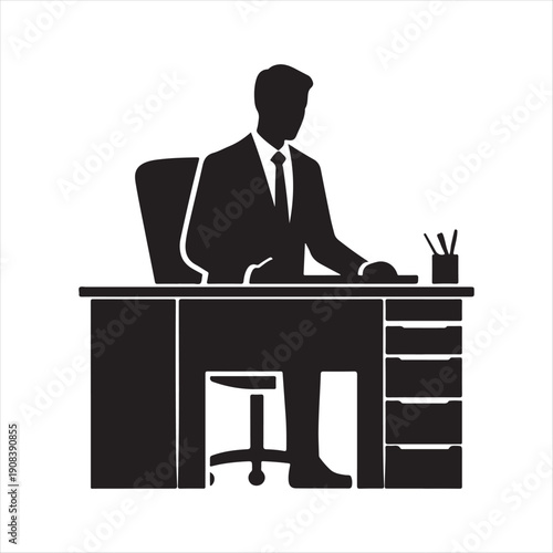 Office desk worker vector silhouette line art logo design concept illustration