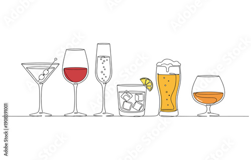 Continuous one line alcohol drinks. Alcoholic beverages glasses, from classic cocktails to craft beer