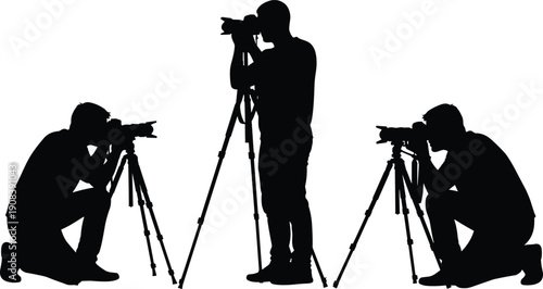Photographer silhouette collection, professional camera operators set, black vector illustration isolated on white background