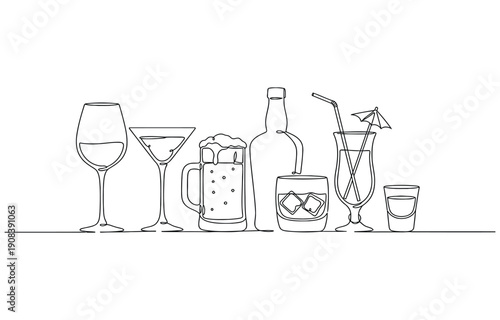 Continuous one line alcohol drinks. Alcoholic beverages glasses, from classic cocktails to craft beer