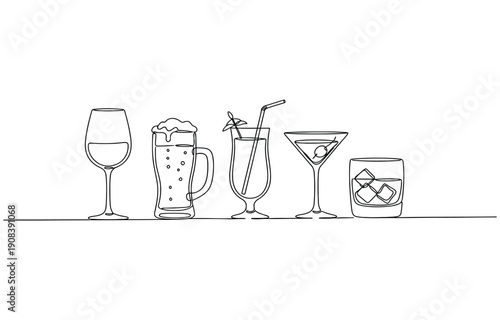 Continuous one line alcohol drinks. Alcoholic beverages glasses, from classic cocktails to craft beer