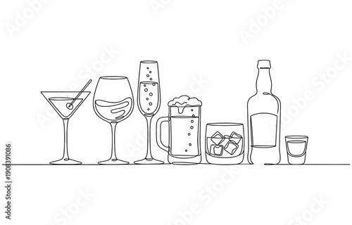 Continuous one line alcohol drinks. Alcoholic beverages glasses, from classic cocktails to craft beer