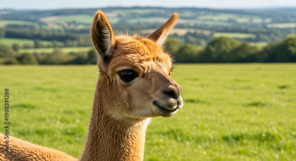 Obraz premium Close-up of Light Brown Alpaca in Green Field