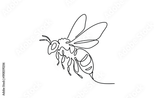 Continuous one line drawing of a flying bee insect in a minimalist art style, simple single stroke graphic design