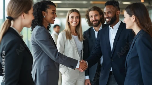Smiling diverse business professionals in formal attire shaking hands in modern office, showcasing teamwork, partnership, and collaboration in a corporate setting.