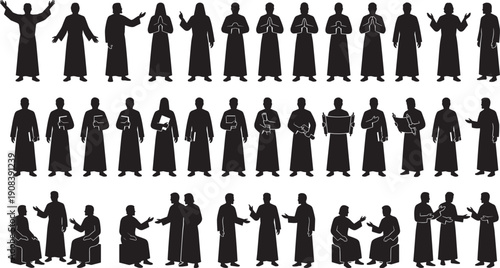 Religious People Silhouette Set, Black Faith Leaders Standing Praying And Speaking Isolated Vector Collection For Education