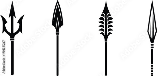 Set of four black silhouette spear and trident icons featuring tribal harpoon neolithic javelin and ancient greek trident symbols isolated on a white background